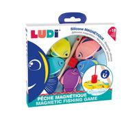 LUDI - Pêche à la Ligne Magnétique - Jeu d’Eau avec Canne en Bois et 5 Poissons en Silicone - Développe motricité et Coordination - Dès 18 Mois