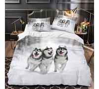 Pechiwuo Housse de Couette 3D Chien de traîneau, Parure de Lit 200x200 cm Husky 2 Personnes Hiver Microfibre Imprimée Housse Couette 200x200 cm + 2 Taies d'oreiller 65x65 cm T293