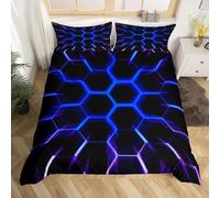 Pechiwuo Housse de Couette 3D Hexagone Bleu, Parure de Lit 220x240 cm Géométrie 2 Personnes Hiver Microfibre Imprimée Housse Couette 220x240 cm+ 2 Taies d'oreiller 65x65 cm U9