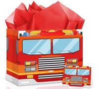 Peconal Sac cadeau d'anniversaire camion de pompier avec carte de vœux pour garçons et filles, fête prénatale 1ère, 2e, 3e, 4e anniversaire sur le thème des pompiers