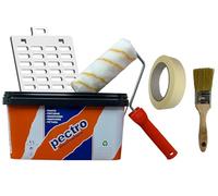 PECTRO Set Peinture blanche mur et plafond 6,6kg (4L) Kit avec rouleau, pinceau, grille et ruban | Interieur Exterieur Enterrés - Acrylique et lessivable au fort pouvoir couvrant - Emballages recyclé