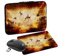 PEDEA Dragon's Castle Housse de Protection Design pour Ordinateur Portable jusqu'à 15,6" (39,6 cm) avec Tapis de Souris et Souris sans Fil