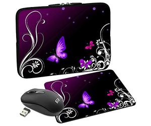 PEDEA Housse de Protection Design pour Ordinateur Portable jusqu'à 15,6" (39,6 cm) avec Tapis de Souris et Souris sans Fil Motif Papillon Violet