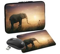 PEDEA Housse de Protection Design pour Ordinateurs Portables jusqu'à 17,3" avec Tapis de Souris et Souris sans Fil Motif éléphant
