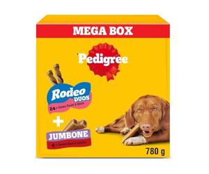 Pedigree Multipack 780 g - Friandises pour Chien : 24x Rodeo Duos Poulet et Bacon et 4X Jumbone Bœuf et Volaille - Mega Box