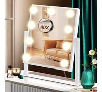 PEDOMIROR Miroir de maquillage avec éclairage, 30 x 36 cm, miroir hollywoodien, avec 9 LED et 3 modes d'éclairage, miroir de table vanity avec grossissement 40x pour chambre à coucher et coiffeuse