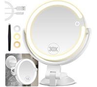 PEDOMIROR Miroir grossissant 30 x 1 à ventouse avec verrouillage puissant, miroir de maquillage mural, miroir de rasage double face, miroir de salle de bain avec lumières 3 couleurs, miroir de douche