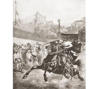 Pedro II d'Aragon arrivant pour un duel proposé avec Charles d'Anjou en 1283 pour mettre fin rapidement à la guerre des vêpres siciliennes ou la guerre des vêpres. Le duel n'a jamais eu lieu car Pedro