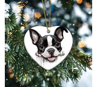 Peeking Boston Terrier Décoration de sapin de Noël coloré Chien Animal Art Cœur Ornements à suspendre Céramique Porcelaine Décorative Abstrait Animal Chiot Peinture Souvenir pour Intérieur Décoration