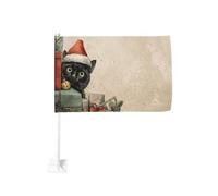 Peeking Chat noir portant un chapeau de Père Noël Drapeau de voiture Extérieur Fenêtre Clip 30 x 45 cm Double Face Décoration de voiture