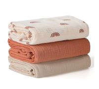 Peepeemax Couverture d’Emmaillotage pour Bébé, Grand Lange Bebe 100x100cm, Ultra Doux et Absorbant pour la Peau Mousseline Couverture pour Bébé Fille et Garçons, Lot de 3, Arc-en-Ciel