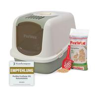 PeeWee EcoDome Bac à litière XXL pour chat avec couvercle et litière 3 kg de granulés de bois, couleur : vert sauge et crème