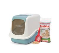 PeeWee EcoHus Bac à litière pour chat avec couvercle et 3 kg de litière en granulés de bois, couleur : bleu colombe et crème