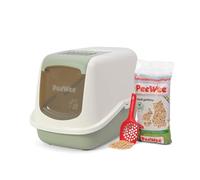 PeeWee EcoHus Litière pour chat avec couvercle et litière 3 kg de granulés de bois, couleur : vert sauge et crème