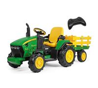 Peg Perego John Deere RC Tractor Tractor électrique à chevaucher et télécommandé pour enfants, 12 V, avec remorque, télécommande, 2 roues motrices, radio FM, 1 an