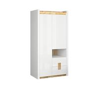 PEGANE Armoire à 2 Portes et 2 tiroirs,avec éclairage LED,Coloris Blanc Brillant/Chêne Clair - Longueur 102 x Profondeur 60 x Hauteur 201 cm