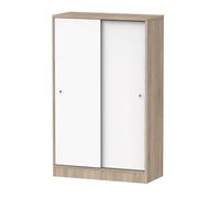 PEGANE Armoire auxiliaire Meuble Multi-usages Basse à 2 Portes coulissantes Coloris Blanc et Chêne cambrien - Longueur 74 x Profondeur 33 x Hauteur 120 cm