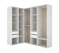 PEGANE Armoire d’Angle Dressing Ouverte avec 2 penderies, 4 tiroirs et étagères de Rangement - Hauteur 204,5 x Longueur 124 x Profondeur 186,3 cm