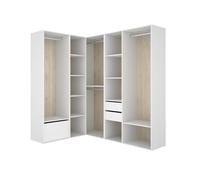 PEGANE Armoire d’Angle Dressing Ouverte avec 3 penderies, 2 tiroirs, Porte Chaussure intégrée et étagères de Rangement - Hauteur 204,5 x Longueur 144,5 x Profondeur 186,3 cm