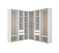 PEGANE Armoire d’Angle Dressing Ouverte avec 3 penderies, 4 tiroirs et étagères de Rangement - Hauteur 204,5 x Longueur 182,4 x Profondeur 186,3 cm