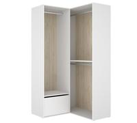 PEGANE Armoire d'angle Dressing Ouverte avec 2 penderie et Une Porte Chaussures, Coloris Blanc/Naturel - Hauteur 204,5 x Longueur 105 x Profondeur 104,5 cm