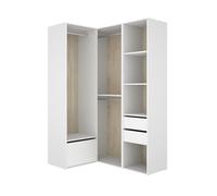 PEGANE Armoire d'angle Dressing Ouverte avec 2 penderies avec 2 tringles, 4 étagères, 2 tiroirs et 1 Porte Chaussures, Coloris Blanc/Naturel - Hauteur 204,5 x Longueur 124 x Profondeur 84 cm