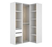 PEGANE Armoire d'angle Dressing Ouverte avec penderie avec Tringle, 9 étagères et 2 tiroirs, Coloris Blanc/Naturel - Hauteur 204,5 x Longueur 124 x Profondeur 84 cm