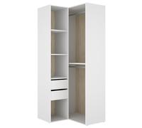 PEGANE Armoire d'angle Dressing Ouverte avec penderie de 2 tringles, 4 étagères et 2 tiroirs, Coloris Blanc/Naturel - Hauteur 204,5 x Longueur 84,5 x Profondeur 104,5 cm