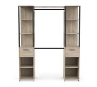 PEGANE Armoire Dressing 2 colonnes 2 tiroirs Couleur chêne/Noir Mat - Largeur 159,8 x Profondeur 49,5 x Hauteur 200,3 cm