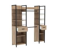 PEGANE Armoire Dressing Ajustable avec 2 penderies, 12 étagères et 2 tiroirs Couleur chêne/Noir - Largeur 179 x Profondeur 47,9 x Hauteur 207,5 cm
