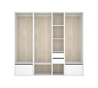 PEGANE Armoire Dressing Ouverte avec Fond arrière réversible, 3 penderies avec 3 tringles,2 tiroirs et 2 Portes Chaussures, Coloris Blanc/Naturel - Hauteur 204,5 x Longueur 218 x Profondeur 45 cm