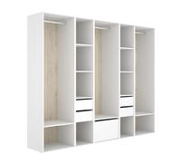 PEGANE Armoire Dressing Ouverte avec Fond arrière réversible, 3 penderies avec 3 tringles,4 tiroirs et 1 Porte Chaussures, Coloris Blanc/Naturel - Hauteur 204,5 x Longueur 256 x Profondeur 45 cm