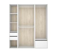 PEGANE Armoire Dressing Ouverte avec Fond arrière réversible, penderie avec 2 tringles,2 tiroirs et Une Porte Chaussures, Coloris Blanc/Naturel - Hauteur 204,5 x Longueur 179,5 x Profondeur 45 cm