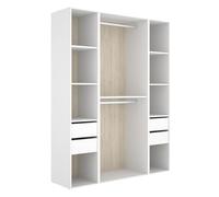PEGANE Armoire Dressing Ouverte avec Fond arrière réversible, penderie avec 2 tringles, étagères et 4 tiroirs, Coloris Blanc/Naturel - Hauteur 205 x Longueur 159 x Profondeur 45 cm