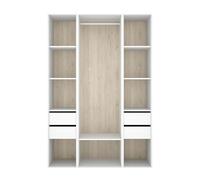 PEGANE Armoire Dressing Ouverte avec Fond arrière réversible, penderie avec Tringle, étagères et 4 tiroirs, Coloris Blanc/Naturel - Hauteur 205 x Longueur 137.5 x Profondeur 45 cm