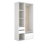 PEGANE Armoire Dressing Ouverte avec Fond réversible, 2 tiroirs, 4 étagères et Porte-Chaussures intégré, Coloris Blanc/Naturel - Hauteur 205 x Longueur 99,5 x Profondeur 45 cm
