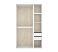 PEGANE Armoire Dressing Ouverte avec Fond réversible, penderie avec 2 tringles,2 tiroirs et 4 étagères, Coloris Blanc/Naturel - Hauteur 204 x Longueur 119,5 x Profondeur 45 cm