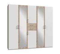 PEGANE Armoire Placard, Meuble de Rangement avec 2 miroirs Coloris Blanc, rechampis Imitation chêne - Longueur 225 x Hauteur 208 x Profondeur 58 cm