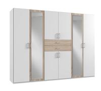 PEGANE Armoire Placard, Meuble de Rangement avec 2 miroirs Coloris Blanc, rechampis Imitation chêne - Longueur 270 x Hauteur 208 x Profondeur 58 cm