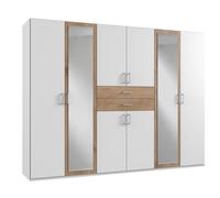 PEGANE Armoire Placard, Meuble de Rangement avec 2 miroirs Coloris Blanc, rechampis Imitation chêne Poutre - Longueur 270 x Hauteur 208 x Profondeur 58 cm