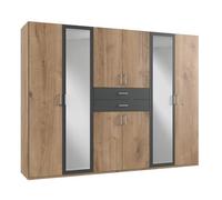 PEGANE Armoire Placard, Meuble de Rangement avec 2 miroirs Coloris Imitation chêne Poutre, rechampis Graphite - Longueur 270 x Hauteur 208 x Profondeur 58 cm