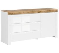 PEGANE Buffet avec 1 Porte et 3 tiroirs, Coloris Blanc/Chêne wotan - Longueur 156 x Profondeur 42 x Hauteur 83,5 cm
