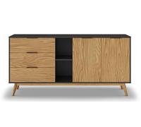 PEGANE Buffet avec 2 Portes et 3 tiroirs en pin Coloris Naturel, Noir - Longueur 165 x Profondeur 40 x Hauteur 81 cm