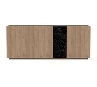 PEGANE Buffet, Commode de Rangement Aspect Bois Coloris Naturel et Effet marbre Noir - Longueur 180 x Profondeur 41,8 x Hauteur 78,50 cm