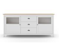 PEGANE Buffet, Commode de Rangement avec 3 tiroirs et 2 Portes en pin Coloris Blanc, chêne - Longueur 180 x Profondeur 40 x Hauteur 80 cm