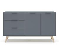 PEGANE Buffet, Commode rectangulaire avec 2 Portes et 3 tiroirs Aspect Bois Coloris Vert Kaki, Pieds en pin Coloris Blanc ciré - Longueur 140 x Profondeur 40 x Hauteur 81 cm