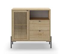 PEGANE Buffet, Meuble de Rangement avec 1 Porte et 2 tiroirs Aspect Bois Coloris chêne, Pieds en métal Noir - Longueur 84 x Profondeur 40 x Hauteur 80,50 cm