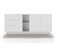 PEGANE Buffet, Meuble de Rangement avec 2 Portes, 2 niches et 3 tiroirs en pin Coloris Blanc/Naturel -Longueur 165 x Profondeur 40 x Hauteur 81 cm