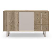 PEGANE Buffet, Meuble de Rangement avec 2 Portes et 3 tiroirs Aspect Bois Coloris chêne et métal Coloris Gris - Longueur 140 x Profondeur 40 x Hauteur 80 cm