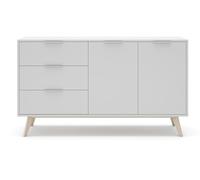 PEGANE Buffet, Meuble de Rangement avec 2 Portes et 3 tiroirs Aspect Bois et Bois de pin Coloris Blanc, Pieds en pin - Longueur 140 x Profondeur 40 x Hauteur 81 cm